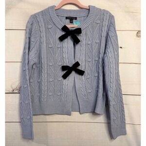 41 Hawthorn Frankie Cabled Bow Cardigan Light Blue Velvet Bows Romantic Medium
